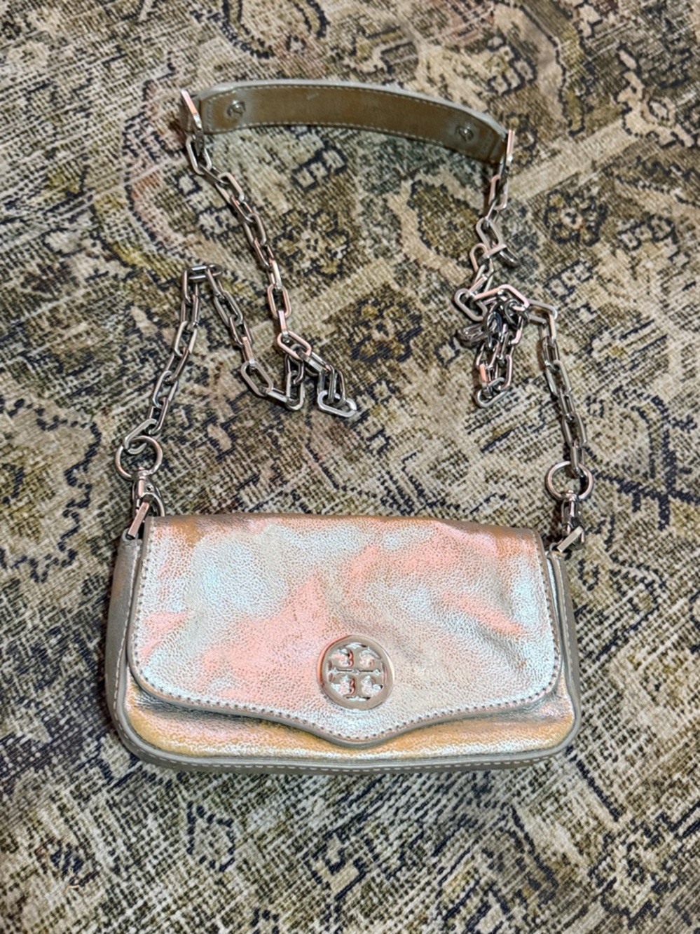 Tory Burch Iridescent Silver Metallic Chain Crossbody